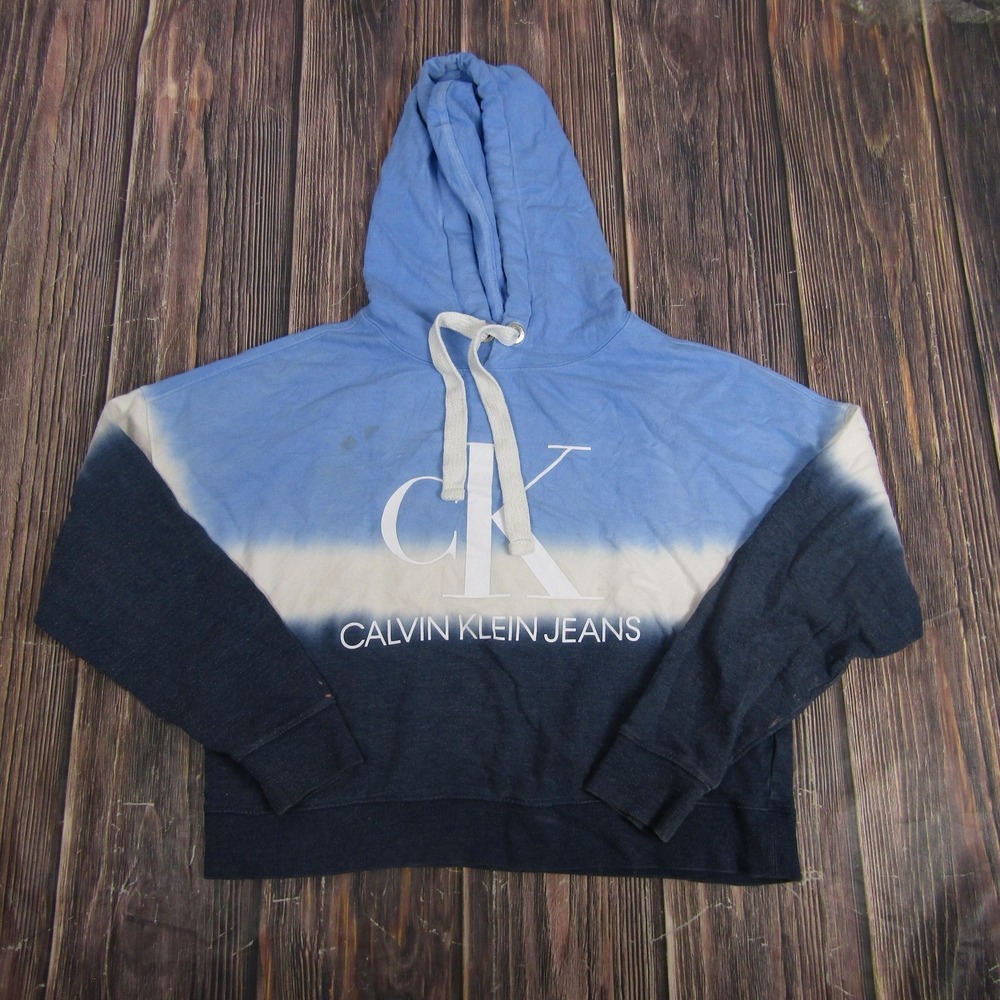 Calvin Klein Jeans Hoodie Womens Small Blue Tie Dye Logo Pullover‎ Crewneck